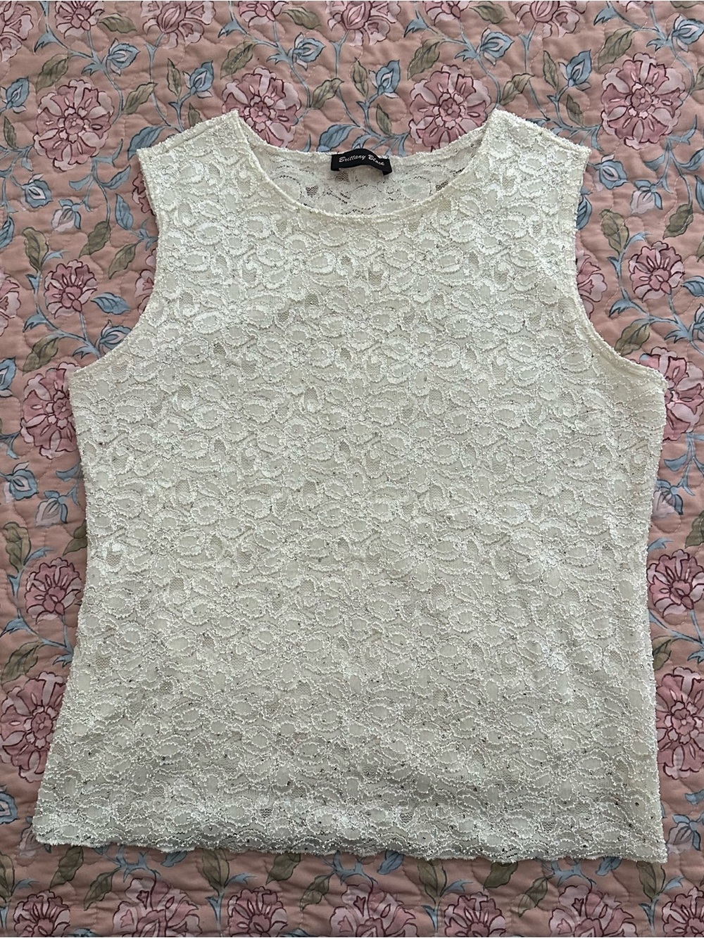 Brittany Black Vintage Made in USA White Lace Sparkly Floral Women’s Tank